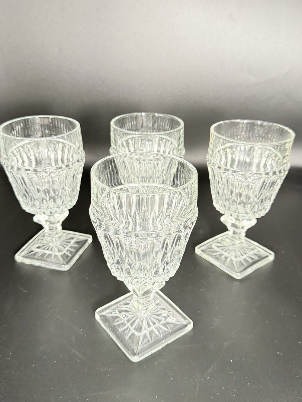 Vintage Indiana Glass Mt Vernon Clear Water Goblets 6” Square Base Set of 4